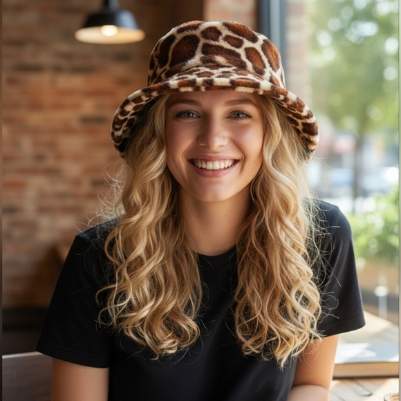 Urban Outfitters Accessories - UO Gia Furry Leopard Bucket Hat Giraffe Brown Black Safari L One Size Fits Most